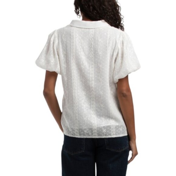 GRACIA Shiny Mesh Small Dot Wing Collar Puff Sleeve Top - Picture 2 of 3